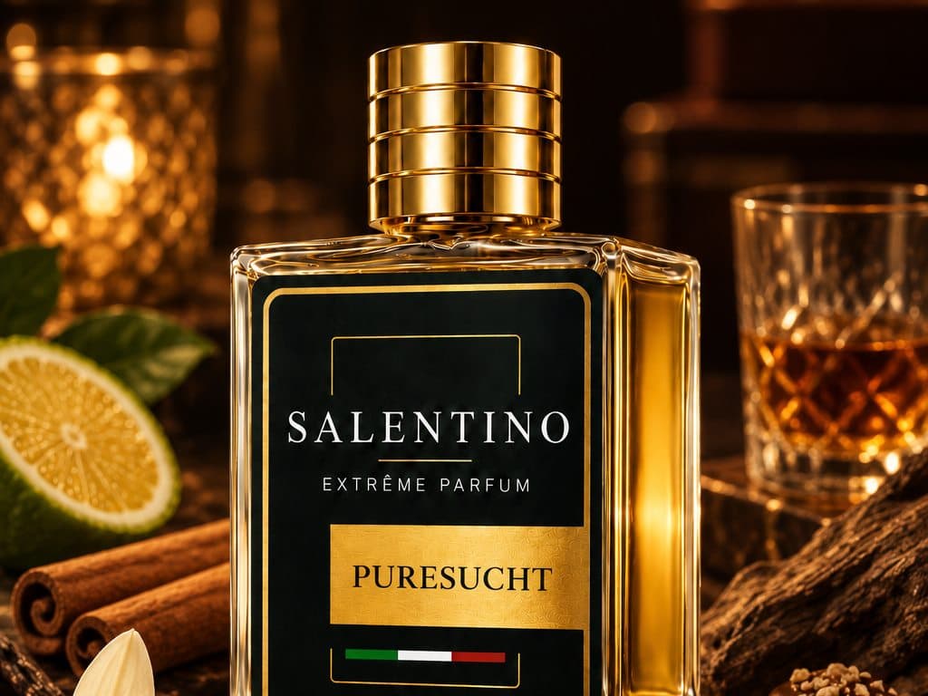 Flakon Puresucht von Salentino Parfums zwischen Zimtstangen, Bergamotte und Guajakholz im warmen Kerzenlicht